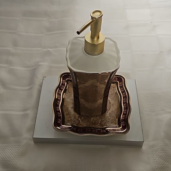 Croscill Townhouse Lotion Dispenser & Soap Dish Brown/ Burgundy - Picture 10 of 16